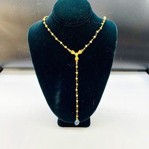 VTG Gold Beaded Lariat Necklace with Blue Faceted Stone